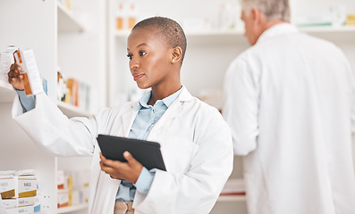 Image showing Healthcare, pharmacy or black woman with a tablet, connection or research on medication or pill box for treatment. Medical, pharmaceutical or African person with tech, drugstore or check prescription