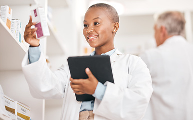 Image showing Happy, pharmacy and black woman with a tablet, medical or search internet for medication or pill box for treatment. Healthcare, pharmaceutical and African person with technology or check information