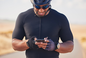 Image showing Phone, cycling and nature, happy man at rest stop in countryside looking at direction or map information online. Mobile chat, fitness app and smartphone, cyclist in road on internet search with smile