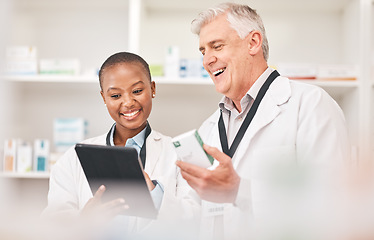 Image showing Tablet, medicine and health team in a pharmacy for research on a product, online order or prescription. Smile, technology or healthcare with a medical professional and colleague in a drugstore