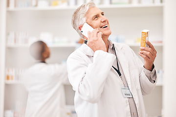 Image showing Pharmacy, phone call and man with medicine box while laughing for funny conversation. Senior person or pharmacist talking on smartphone for telehealth, consultation or customer service for product