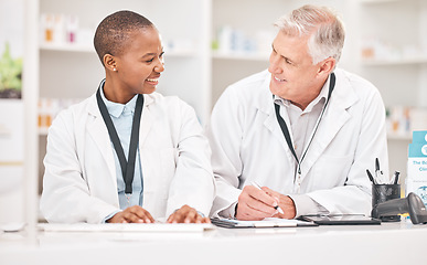 Image showing Man, happy woman and medical documents in pharmacy for checklist, schedule or stock report for medicine. Help, mentor and pharmacist team at counter with inventory list, smile and insurance paperwork