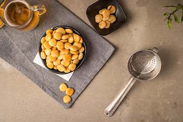 Image showing Tasty lupins and glass of beer