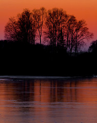 Image showing Trees, Frozen Lake, and Sunset