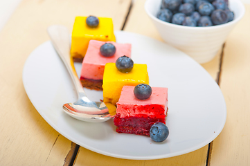 Image showing strawberry and mango mousse dessert cake