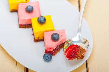 Image showing strawberry and mango mousse dessert cake