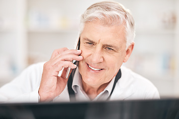 Image showing Pharmacist man, phone call and computer for medicine check on database in pharmacy. Face of senior person talking on smartphone for telehealth, consultation or customer service and stock information