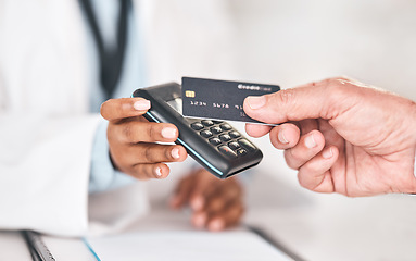 Image showing Pharmacist hands, credit card payment and closeup for healthcare, medicine and sales for prescription drugs. Pharmaceutical expert, customer and machine for pos, shopping and fintech for wellness