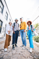 Image showing City, friends and portrait of people outdoor for travel, fashion and fun from low angle. Diversity, student group or gen z men and woman together on a date, adventure and freedom on urban street