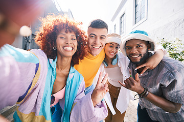 Image showing Friends, selfie and city with peace sign, gen z and smile of university students for social media. Profile picture, portrait and diversity of young people on a urban street happy with trendy fashion