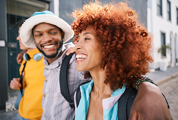 Image showing Happy, people and friends walking in city, relax on holiday, adventure and weekend together on street. Travel, college students and men and women in urban town for bonding, conversation and vacation