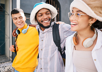 Image showing Happy group of friends in city walking, talking and relax on holiday, adventure and weekend together on street. Travel, fashion and men and women in urban town for bonding, conversation and explore