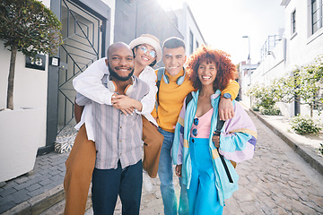 Image showing Friends, city and portrait of people outdoor for travel, fashion and fun with piggyback and smile. Diversity, happiness and group of men and woman on date, adventure and freedom on urban street