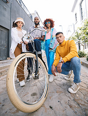 Image showing Friends portrait, bicycle and group outdoor for travel, fashion style and fun with young people in city. Diversity, gen z and men and women with cool attitude and student adventure on urban street