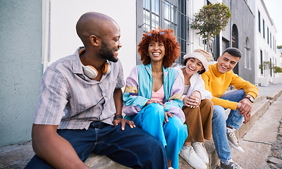 Image showing Group of friends in city talking, relax and happy on holiday, adventure and weekend together on street. Travel, fashion and men and women in urban town for bonding, funny conversation and discussion