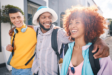 Image showing Happy, university and friends walking in city, relax on holiday, adventure and weekend together. Travel, college students and men and women in urban town for bonding, conversation and fun on vacation