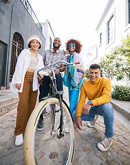 Image showing Friends group, bicycle and happy outdoor for travel, fashion style and fun with youth in the city. Diversity, gen z and men and women portrait to relax, student adventure or freedom on urban street