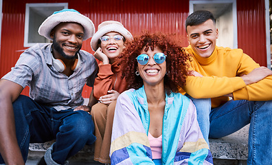 Image showing Smile, city and portrait of friends outdoor for travel, fashion and happiness. Diversity, gen z and student group or men and woman laugh for funny holiday, sunglasses and freedom on urban street