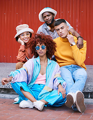 Image showing Friends, fashion and gen z, people in portrait and diversity, relax on sidewalk and casual, cool and young. Students, urban streetwear style and friendship, trendy clothes and together outdoor