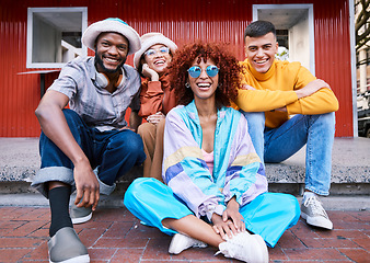 Image showing Friends, city and portrait of happy people outdoor for travel, fashion and sunglasses. Diversity, gen z and student group or men and woman for funny laugh, relax and freedom on urban sidewalk