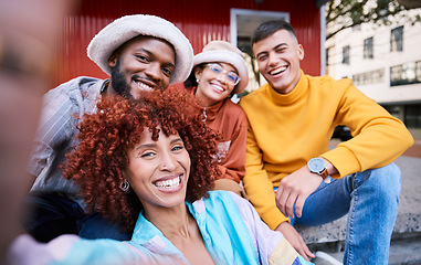 Image showing Friends, selfie and urban city with happy, gen z and smile of university students for social media. Profile picture, portrait and diversity of young people on a street on vacation with trendy fashion