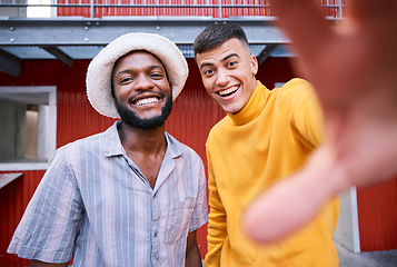 Image showing Men, gen z friends or selfie portrait outdoor in urban city or street in summer with fashion or style. Diversity, influencer or people with happiness, smile or freedom on social media profile picture