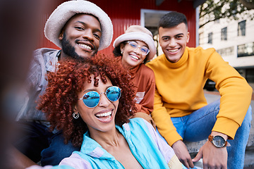 Image showing Selfie, friends and happy in portrait, gen z and fashion with smile, casual and cool, social media post and memory. Young people in picture, content creation and streetwear, influencer and friendship