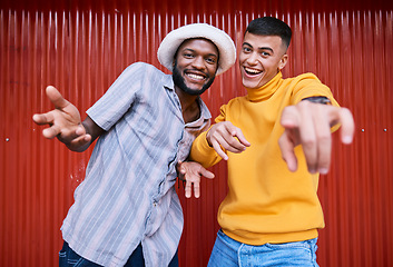 Image showing Men, gen z or portrait of friends outdoor on red background in streetwear with fashion or style together. Diversity, students or excited people with happiness, smile or freedom on holiday vacation