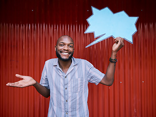 Image showing African man, outdoor and speech bubble in portrait, doubt or promotion with mockup space on social media. Student, gen z guy and unsure smile with blank poster, billboard or presentation for feedback