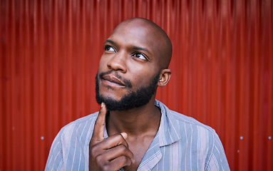 Image showing Thinking, outdoor and black man with ideas, solution and problem solving against a red wall background. African person, guy and model with wonder, doubt and fantasy with thoughts, question and choice