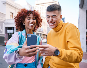 Image showing City, funny and man with woman, smartphone and smile with connection, meme and social media. Friends, outdoor and cellphone with mobile app, blog post and happiness with internet search or laughing