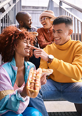 Image showing Hotdog, friends and people eating outdoor for travel, funny laugh and fun on stairs. Diversity, happiness and gen z group of men and women with food on date, adventure and touch nose in urban town