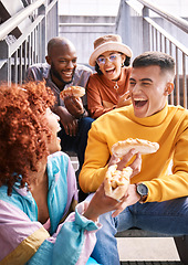 Image showing Friends, hotdog and people eating outdoor for travel, funny laugh and fun on stairs. Diversity, happiness and gen z group of men and women with food on date, adventure and freedom in urban town