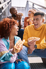 Image showing People, city and friends eating hotdog outdoor for travel, funny laugh and fun on stairs. Diversity, happiness and gen z group of men and women with food on date, adventure and freedom in urban town