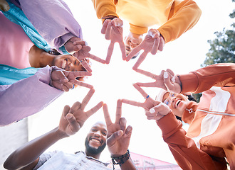 Image showing Friends, hands and people outdoor with star symbol for trust, community and fun. Diversity, happiness and below gen z group of men and women with solidarity for teamwork, youth and freedom in nature