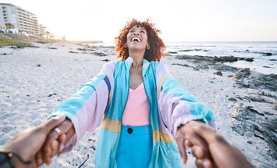 Image showing Pov, beach and happy black woman holding hands with man, boyfriend or husband for travel, adventure and sand. Ocean, couple and connection on outdoor date for adventure, vacation, sunshine and fun