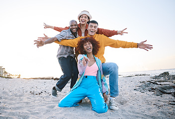 Image showing Friends, beach and portrait of excited people outdoor for travel motivation or fun on sand. Diversity, happiness and gen z group of men and women pointing for adventure, holiday and freedom in nature