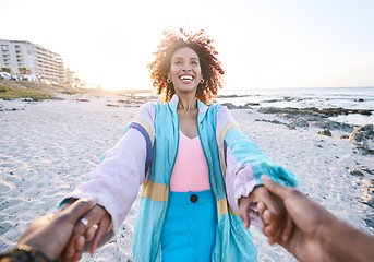 Image showing Beach, holding hands and young couple for pov on a romance vacation, adventure or holiday. Love, care and happy woman with a smile on a date by the ocean on summer travel or trip in Mexico at sunset