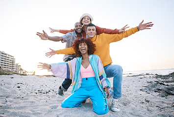 Image showing Friends, beach and portrait of people outdoor for travel, motivation and fun on sand. Diversity, happiness and gen z group of men and women for adventure, arms stretched and freedom in nature