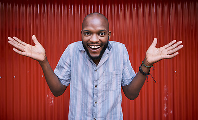 Image showing Excited, decision and portrait of black man with choice happy for surprise and winning in a red background. Smile, joy and amazed young person with announcement, news and casual fashion style