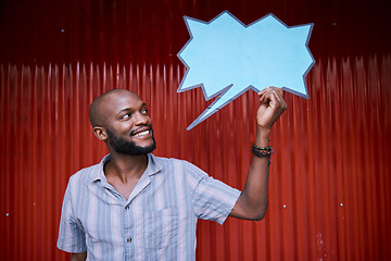 Image showing African man, outdoor and speech bubble with thinking, ideas and promotion with mockup space for social media. Student, gen z guy and ideas with blank poster, billboard or presentation for feedback