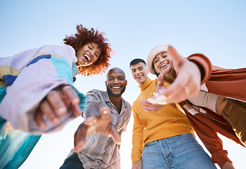 Image showing Friends, selfie and hands outdoor for social media, fashion and fun adventure. Below diversity, youth and portrait of student group or men and woman for profile picture, memory and freedom in nature