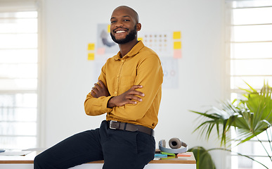 Image showing Entrepreneur, black man and portrait with arms crossed in Nigeria, office or workplace for professional project in startup. Happy, employee and face of businessman working with confidence in business