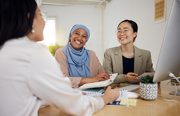 Image showing Teamwork, diversity and business women in a meeting for planning or strategy in their professional office. Collaboration, marketing or design with a creative team in the workplace for management