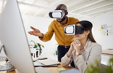 Image showing Business people, discussion and computer for vr vision, professional advice and coaching for metaverse project. Developer, augmented reality glasses and design for 3d tech development, man and woman