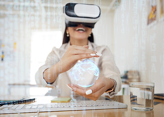 Image showing Business woman, virtual reality and globe for network in hands, holographic overlay or code for data in cyber metaverse. Happy developer, programming expert and ar vision for future, 3d earth or ux