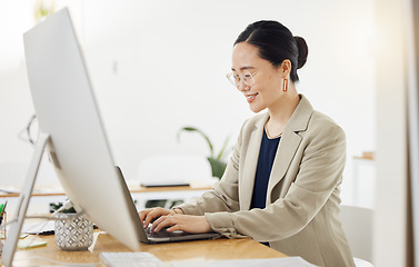 Image showing Computer, laptop and business woman in office happy, typing and search for creative, idea or inspiration. Research, smile and Japanese female seo online for social media, information or planning