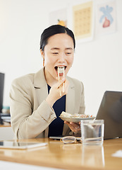 Image showing Asian business woman, laptop and sushi on lunch break, video or movie in office with thinking, relax and happy. Japanese entrepreneur, eating seafood and comedy with computer, chopsticks or streaming