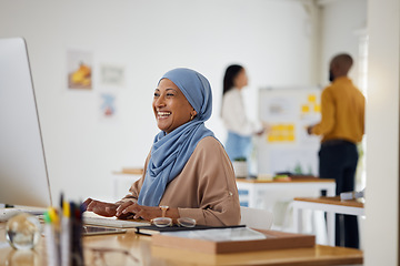 Image showing Smile, email and a Muslim woman in an office with a computer for communication or connection. Happy, business and an Islamic employee in a workspace with a pc for internet, typing or website