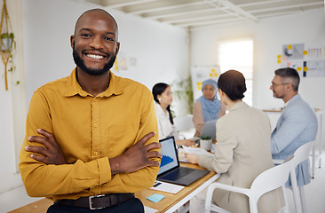 Image showing Black business man, arms crossed and leader at meeting, company or ceo with pride, portrait and success. Young African entrepreneur, boss and startup manager with smile, group and workshop at agency